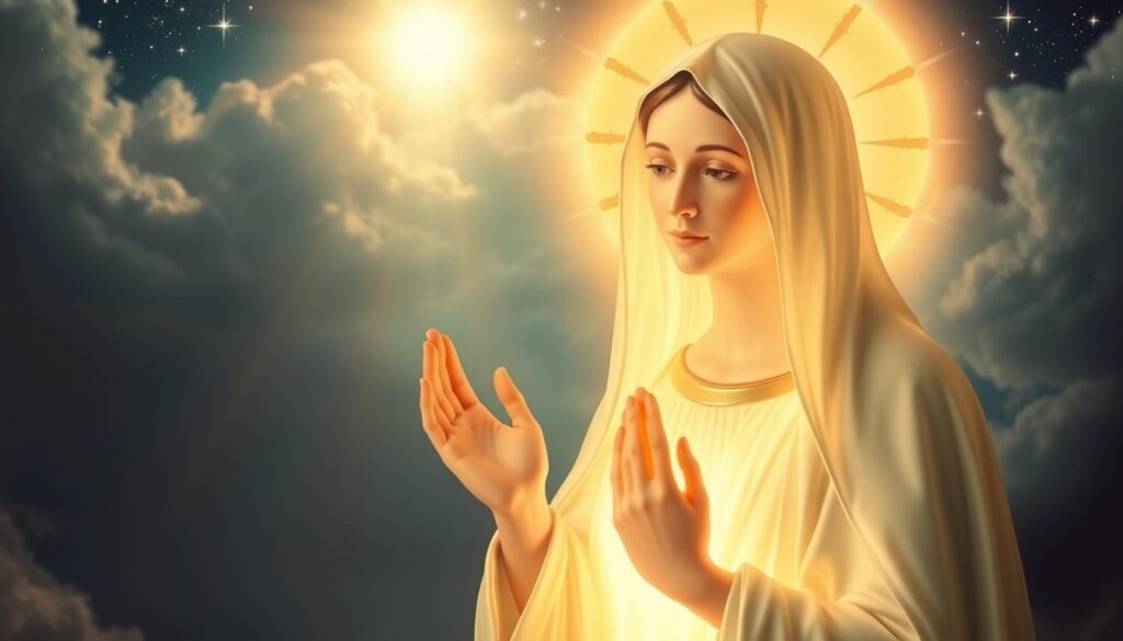 A serene, ethereal depiction of the theological foundations underlying Mary's role in Catholicism. In the foreground, a luminous, translucent figure of the Virgin Mary, her gaze tranquil and her hands raised in a gesture of intercession. Surrounding her, a halo of warm, golden light, symbolizing her divine status. In the middle ground, a tapestry of religious iconography and symbolism - the cross, the rosary, the lily - woven together to represent the deep theological underpinnings of her veneration. In the background, a celestial landscape, with wispy clouds and shimmering stars, conveying the heavenly realm from which Mary's significance derives. The overall scene is suffused with a sense of reverence, contemplation, and the mystical connection between the earthly and the divine.