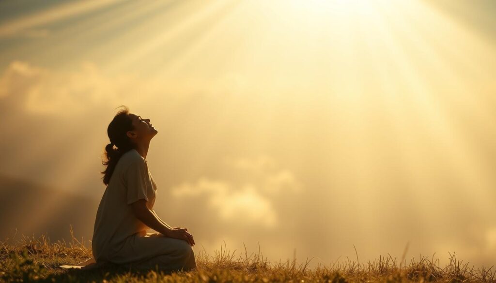 A serene, ethereal landscape bathed in soft, heavenly light. In the foreground, a figure kneels in reverent contemplation, their face radiant with a beatific expression as they gaze upwards. Shimmering rays of light emanate from above, illuminating the scene with a transcendent glow. In the middle ground, wisps of ethereal mist swirl, creating a sense of otherworldly mystery. The background features a vast, celestial expanse, hinting at the sublime wonder of the afterlife. The overall atmosphere is one of profound spiritual peace and the profound connection between the human soul and the divine.