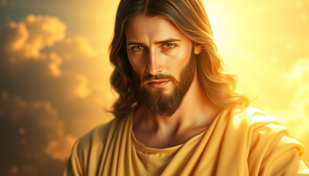 A serene, ethereal portrait of Jesus Christ, the central figure of Catholic doctrine, bathed in a warm, heavenly glow. His face radiates a divine, benevolent expression, with eyes that convey wisdom and compassion. He is depicted in a close-up, mid-body shot, wearing a flowing, off-white robe. The background is a softly blurred, celestial scene, with hints of clouds and a subtle, golden light suffusing the entire composition. The lighting is carefully crafted to create a sense of reverence and spiritual transcendence, placing Jesus Christ in a position of primacy and importance within the Catholic faith.
