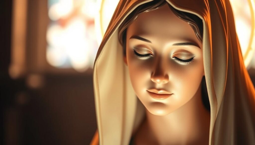A serene, ethereal portrait of Saint Mary, the mother of Jesus, depicted in a warm, reverent light. Her face radiates a gentle, compassionate expression, her features delicately rendered with intricate detail. She is set against a softly blurred background, perhaps a church interior or a heavenly landscape, evoking a sense of spiritual tranquility. The lighting casts a subtle, heavenly glow around her, emphasizing her divine significance. The overall composition conveys a profound sense of veneration and devotion, befitting the Marian titles and beliefs honored across Catholic churches.