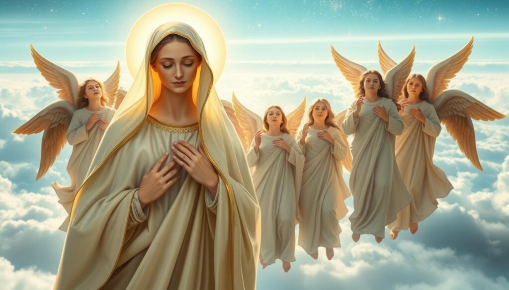 A serene, ethereal scene depicting the Immaculate Conception of the Virgin Mary. In the foreground, the Blessed Mother stands radiant, her face filled with divine grace, surrounded by a halo of celestial light. Her gown flows gracefully, accentuating her delicate features. In the middle ground, a choir of angels adorned in flowing robes hover reverently, their expressions filled with awe and reverence. The background is a sublime, dreamlike landscape, with clouds parting to reveal a heavenly expanse of azure skies and distant, shimmering stars. The overall atmosphere is one of profound spirituality, tranquility, and the divine essence of the Theotokos.