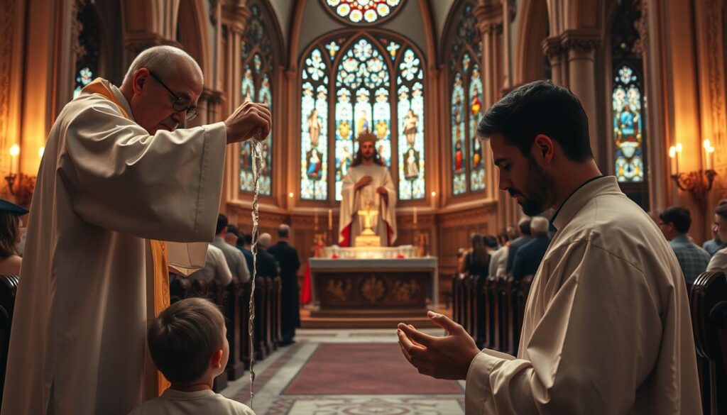 A serene, ethereal scene depicting the sacred Catholic sacraments of Baptism and Eucharist. In the foreground, a priest gently pours holy water over the bowed head of a kneeling figure, signifying the cleansing and rebirth of Baptism. In the middle ground, a solemn congregation surrounds an ornate altar, where the consecrated bread and wine of the Eucharist are displayed, symbolizing the presence of Christ. The background is bathed in soft, warm lighting, creating an atmosphere of reverence and divine connection. Intricate stained-glass windows and ornate architectural details lend an air of timeless tradition to the sacred space.
