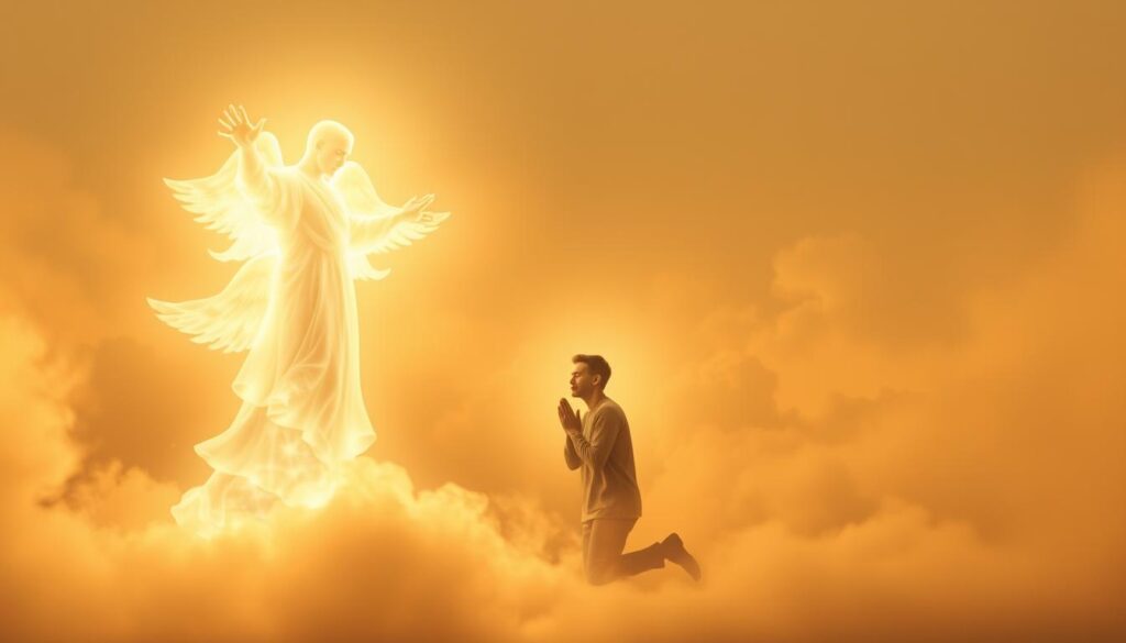 A serene, ethereal scene of the Holy Spirit's role in forgiveness. In the foreground, a glowing, translucent figure of the Holy Spirit, radiating divine light and grace. Soft, billowing clouds of ethereal energy swirl around, creating an atmosphere of sacred tranquility. In the middle ground, a kneeling figure, hands clasped in prayer, bathed in the Spirit's resplendent glow, conveying a sense of humility, repentance, and the transformative power of forgiveness. The background is a hazy, heavenly landscape, hinting at the boundless mercy and redemption offered by the Holy Spirit. Warm, muted tones and a soft, diffused lighting lend a reverent, contemplative mood to the scene.