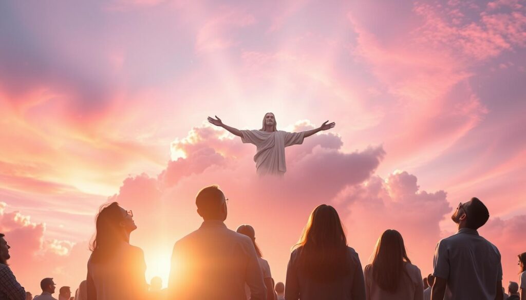 A serene, ethereal scene of the Rapture, captured in stunning detail. In the foreground, a group of believers stand in awestruck reverence, gazing upwards as they are lifted towards the heavens. Bathed in a soft, golden light, their faces express a profound sense of hope and tranquility. In the middle ground, wisps of cloud part to reveal the silhouette of the resurrected Christ, His outstretched arms beckoning the faithful. The background is a panorama of a vibrant, otherworldly sky, hues of pink and lavender swirling in an elegant dance. The overall atmosphere is one of profound spiritual wonder, a sublime moment of divine intervention captured in a single, breathtaking image.