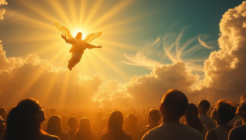 A serene heavenly scene, bathed in a warm, golden light. In the foreground, a divine figure with outstretched arms, radiating a celestial glow, interceding on behalf of the faithful. In the middle ground, a crowd of worshippers gazing upwards in reverence, their faces illuminated by the celestial light. In the background, wispy clouds part to reveal a brilliant, azure sky, signifying the divine's presence and intervention. The composition is balanced, with a sense of awe and wonder permeating the scene. Subtle, ethereal details and a soft, dreamy atmosphere evoke a sense of biblical wonder and spiritual transcendence.