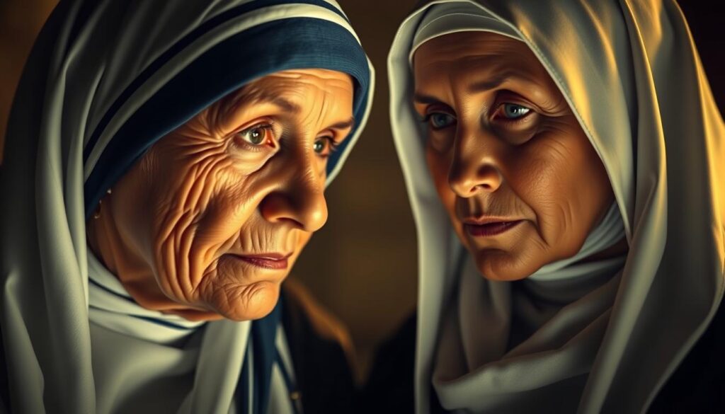 A serene, hyper-realistic portrait of Mother Teresa and Saint Teresa of Avila, their faces illuminated by soft, warm lighting that casts a contemplative, reverent atmosphere. The two women are depicted gazing intently, their expressions conveying a profound sense of spiritual wisdom and inner strength. The background is subtly blurred, placing the focus entirely on their visages and the potent, inspirational energy they emanate. Meticulous attention to detail captures the texture of their skin, the folds of their habits, and the depth of their eyes, creating a visually striking and emotionally resonant image that embodies the essence of Catholic faith and resilience.