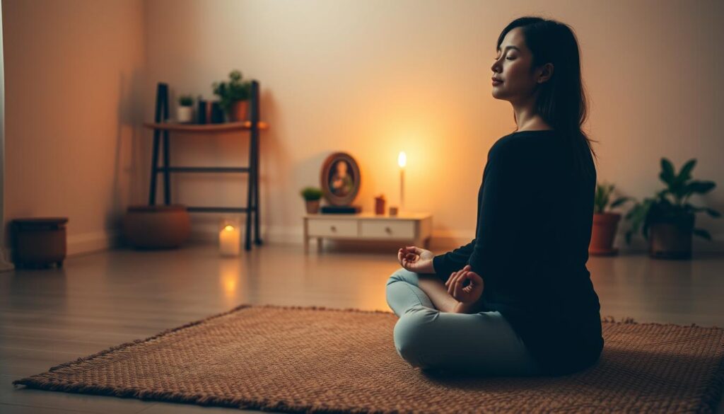 A serene indoor setting with soft, warm lighting casting a peaceful glow. In the foreground, a person sitting cross-legged on a plush, natural-fiber rug, eyes closed in meditation, hands resting gently on their lap. The middle ground features a small altar or shrine with a lit candle, a simple religious icon, and perhaps a few meaningful objects. The background depicts a minimalist, soothing space, with natural elements like potted plants, a simple wooden shelf, or a neutral-toned wall. The overall atmosphere conveys a sense of tranquility, introspection, and spiritual connection.