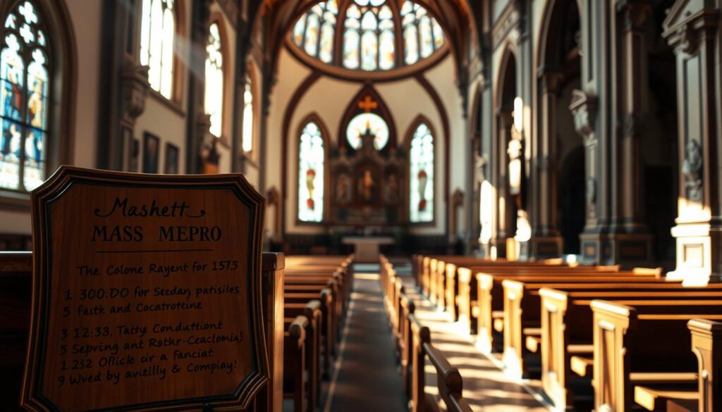 A serene interior of a traditional Catholic church, sunlight streaming through stained glass windows, illuminating the ornate altar and pews. In the foreground, a carefully curated display of the mass schedule, with handwritten details in elegant calligraphy on a wooden plaque. The middle ground features rows of wooden pews, slightly worn with time, inviting the faithful to come and pray. The background showcases the church's intricate architectural details, from the vaulted ceilings to the ornate columns, creating a sense of reverence and timelessness. The overall mood is one of tranquility and devotion, reflecting the essence of the Catholic faith and the community that gathers within these hallowed walls.
