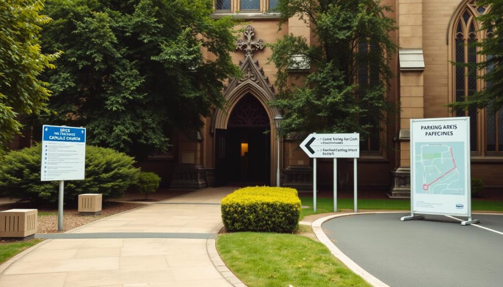 A serene, inviting exterior of St Giles Catholic Church, its majestic Gothic architecture framed by lush greenery. In the foreground, a well-signposted pathway leads visitors towards the grand entrance, flanked by ornate stone carvings. The midground showcases a detailed map and directional signage, guiding people to the designated parking area, accessible via a neatly paved driveway. Soft, warm lighting illuminates the scene, creating a welcoming atmosphere that captures the church's spiritual essence and the tranquility of the surrounding environment.