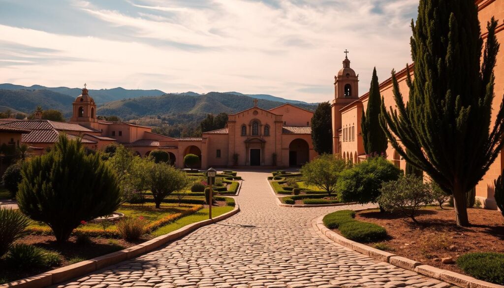 A serene landscape of majestic Spanish missions nestled against a backdrop of rolling hills and a clear, azure sky. The ornate, sun-dappled façades of the adobe structures stand tall, their intricate arches and bell towers casting elegant shadows across the lush, verdant gardens surrounding them. In the foreground, a cobblestone path winds through the tranquil courtyards, inviting the viewer to step back in time and experience the rich cultural heritage of early Catholicism in the Americas. Soft, diffused lighting illuminates the scene, creating a warm, inviting atmosphere that captures the enduring spiritual legacy of these historic sanctuaries.