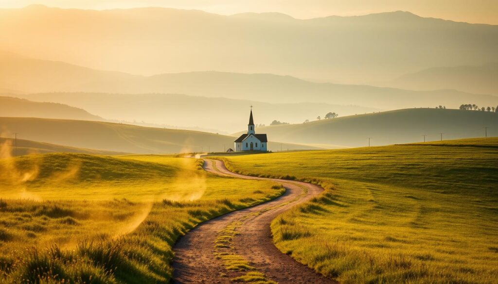 A serene landscape unfolds, illuminated by a warm, golden light. In the foreground, a winding path leads through lush, verdant meadows, symbolizing the journey of faith. Wisps of mist drift across the scene, adding an ethereal quality. In the middle ground, a humble church stands as a beacon, its steeple reaching heavenward, representing the grace and spiritual guidance that anchors the journey. Behind it, rolling hills recede into the distance, their silhouettes bathed in a soft, hazy glow, suggesting the expansive, transcendent nature of the Christian life. The atmosphere is one of tranquility, hope, and the quiet conviction of a faith-filled pilgrimage.