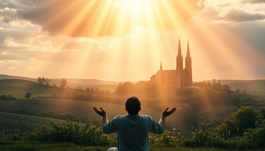 A serene, luminous scene of salvation unfolds. In the foreground, a figure kneels in reverent supplication, their face uplifted, hands outstretched in humble acceptance of divine grace. Beams of warm, ethereal light emanate from above, bathing the subject in a celestial glow. The middle ground depicts a tranquil landscape, rolling hills and lush greenery, symbolizing the fertile ground of faith. In the distance, a magnificent cathedral stands tall, its spires reaching heavenward, a testament to the architectural embodiment of spiritual devotion. The overall mood is one of profound peace, contemplation, and the transformative power of salvation through faith.