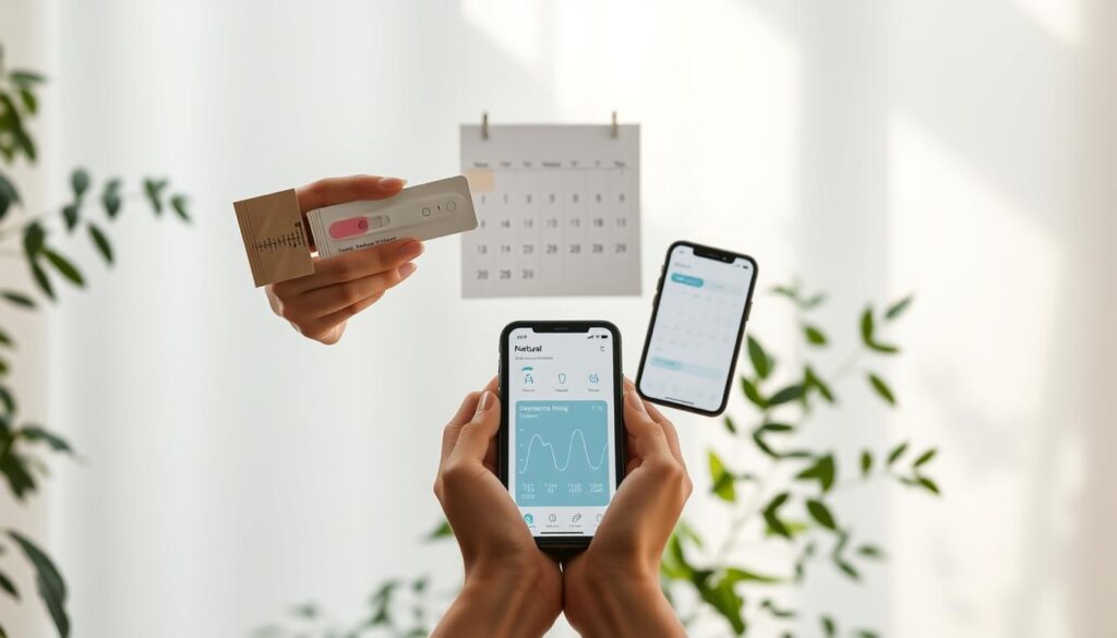 A serene, minimalist scene showcasing modern natural family planning methods. In the foreground, a woman's hands delicately hold a basal body temperature chart and ovulation test strips against a soft, natural backdrop. In the middle ground, a calendar and mobile app displaying fertility tracking data float ethereally. The background is filled with tranquil nature elements - lush greenery, soft lighting, and a sense of calm and wellness. The overall tone is one of empowerment, control, and a holistic approach to family planning.