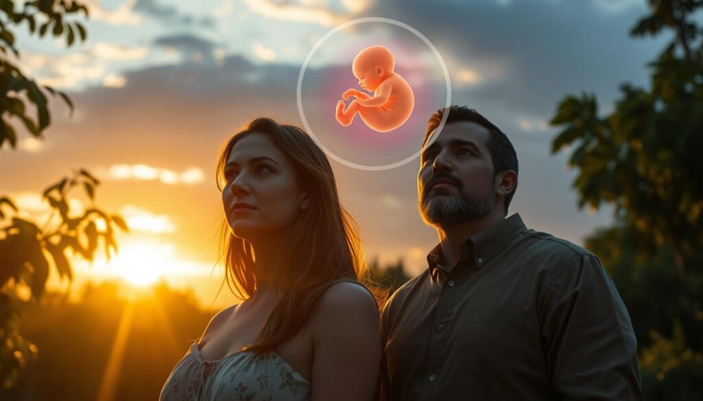 A serene natural landscape with lush foliage and a glowing sunset sky serves as the backdrop. In the foreground, a couple stands in deep contemplation, their expressions reflecting the weight of an ethical dilemma. Hovering above them, a translucent image of a fetus represents the conflict between natural conception and emerging reproductive technologies. Warm, golden lighting illuminates the scene, creating a pensive, thought-provoking atmosphere. The lens is angled to capture the figures in a thoughtful, introspective pose, conveying the complexity of the issues surrounding Catholicism and in vitro fertilization.