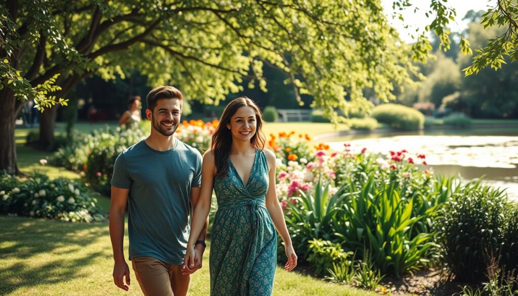 A serene outdoor scene, showcasing the harmony of natural family planning methods. In the foreground, a young couple walks hand-in-hand, their expressions radiating contentment. In the middle ground, a lush garden bursting with vibrant flowers and verdant foliage. Dappled sunlight filters through the canopy, casting a warm, golden glow. In the background, a tranquil pond reflects the surrounding natural beauty. The overall atmosphere exudes a sense of balance, connection, and reverence for the cycles of life.