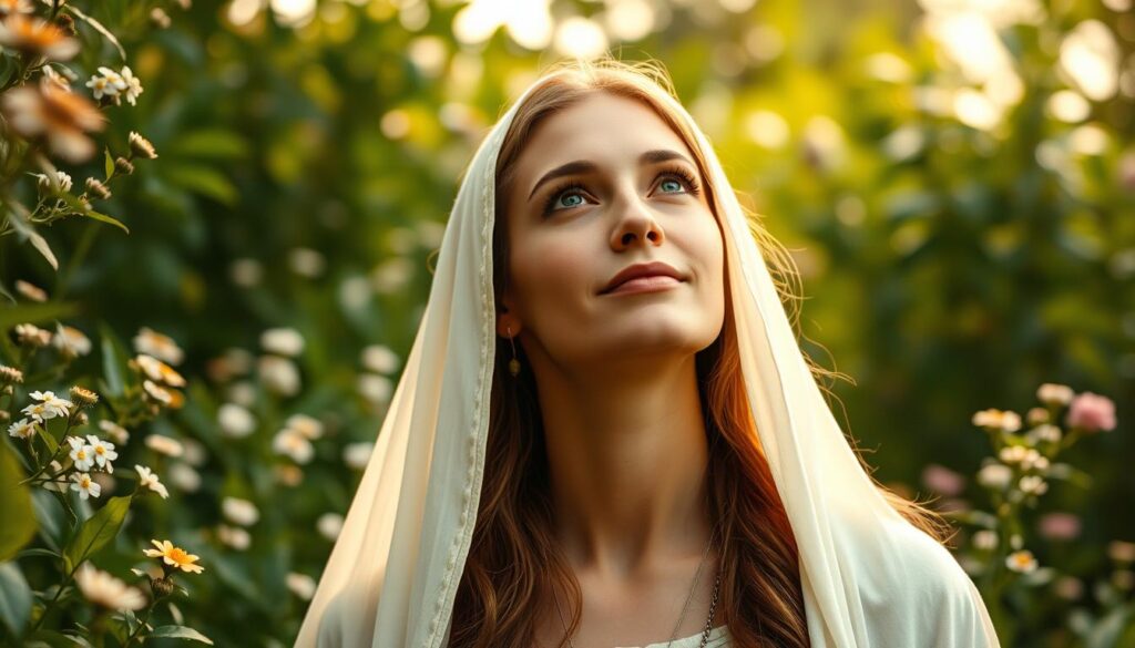 A serene portrait of Mary Magdalene, the devoted disciple of Jesus, standing amidst a lush, verdant garden. Her face radiates a profound sense of grace and inner peace, her gaze directed heavenward in contemplation. The soft, warm lighting casts a gentle glow upon her features, accentuating her timeless beauty and spiritual connection. The background is filled with delicate flowers and verdant foliage, creating a tranquil, sacred atmosphere that evokes the essence of her devotion and the spiritual sanctuary she inhabits.