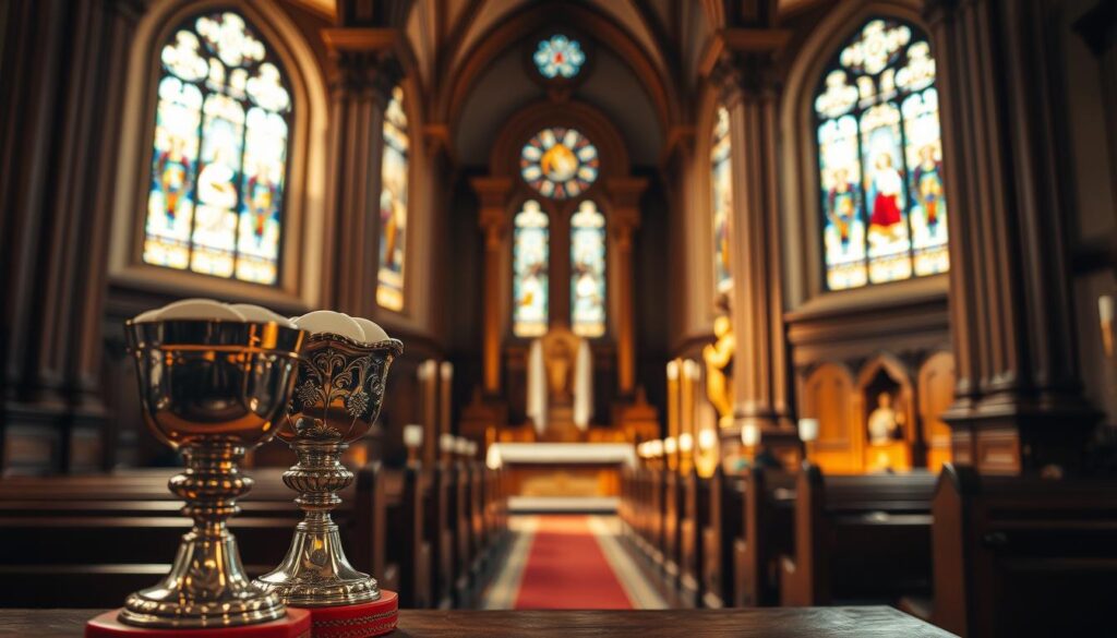 A serene sanctuary adorned with sacred symbols, the altar bathed in warm, reverent light. In the foreground, ornate chalices and communion wafers, embodying the solemn rituals of the faith. The middle ground reveals stained glass windows casting kaleidoscopic hues, while pews stand ready to welcome the faithful. In the background, carved wooden pews and ornate columns evoke the timeless grandeur of the church's architectural heritage. An atmosphere of reverence and contemplation permeates the scene, inviting the viewer to engage with the deep-rooted traditions and spiritual significance of this hallowed space.