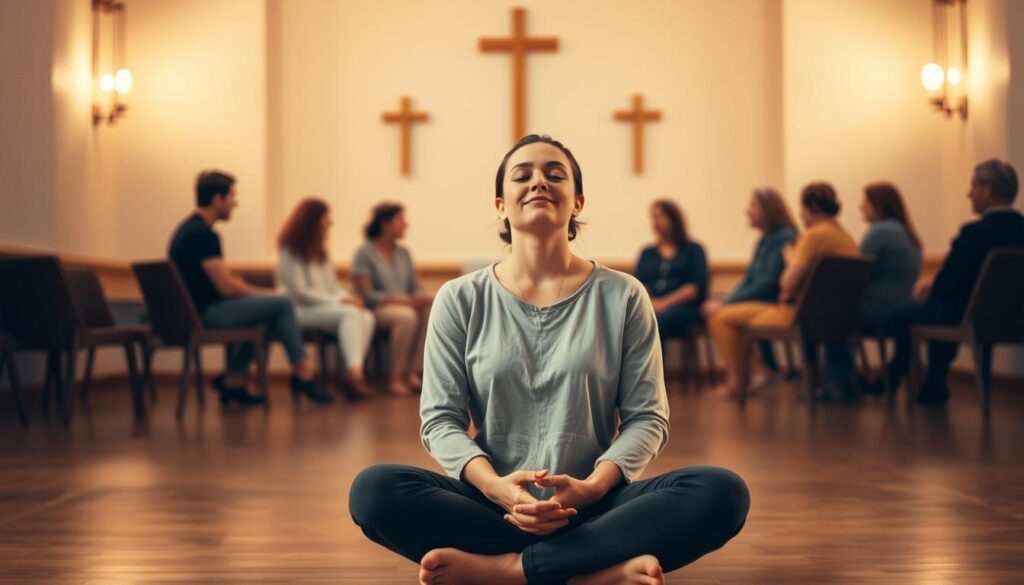A serene sanctuary with warm lighting and a calming atmosphere. In the foreground, a person sits cross-legged, eyes closed, hands resting peacefully on their lap, exuding a sense of contemplation and inner peace. Behind them, a group of individuals gather in a circle, engaged in open and supportive discussion. The background features soft, muted tones, with subtle religious symbols or iconography, creating a sense of spiritual connection and guidance. The composition is balanced, with a sense of harmony and tranquility, conveying the essence of "Accessing Support, Counseling, and Group Sharing" within the Catholic faith community.