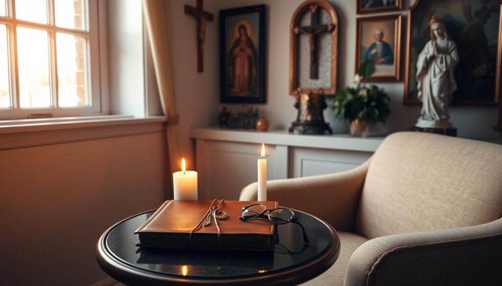 A serene, softly-lit room with a cozy armchair and side table. Warm, natural light filters through a large window, casting a gentle glow. On the table, a leather-bound journal, a pair of reading glasses, and a single lit candle, its flame flickering gently. The walls are adorned with religious iconography - a crucifix, a statue of the Virgin Mary, and framed Catholic artwork. The atmosphere is one of quiet contemplation, inviting the viewer to pause, reflect, and connect with their spiritual side.