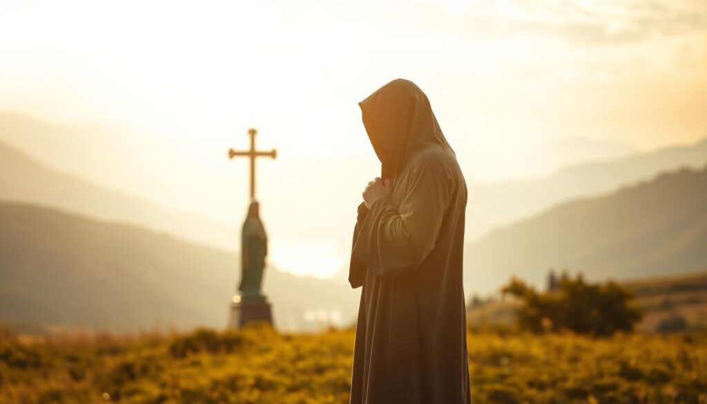 A serene spiritual landscape, bathed in warm, ethereal light. In the foreground, a solitary figure in a hooded robe, hands clasped in contemplation, representing the individual's introspective journey through the challenges of the pandemic. In the middle ground, a symbolic representation of the Catholic faith - a cross or a Madonna statue - offering solace and guidance. The background depicts a tranquil, natural setting, such as a rolling hillside or a serene lake, conveying a sense of peace and renewal. The overall mood is contemplative, hopeful, and reflective, capturing the essential Catholic approach to finding meaning and strength in times of suffering and adversity.