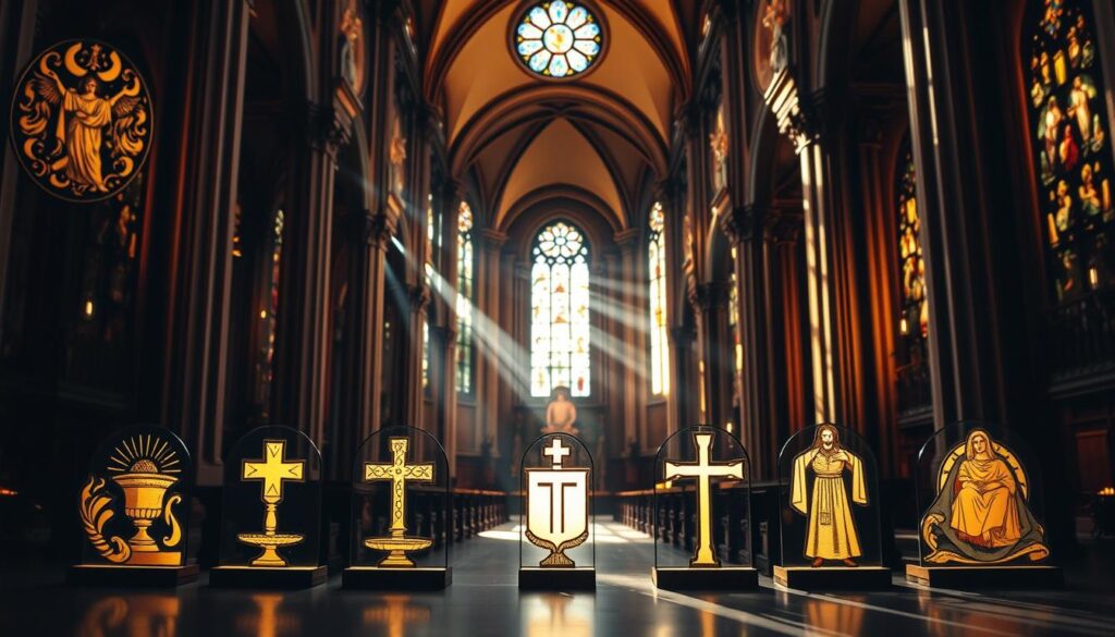 A serene, stained-glass-inspired scene depicting the seven sacraments of the Catholic Church. In the foreground, intricate symbols representing baptism, confirmation, Eucharist, penance, anointing of the sick, holy orders, and matrimony are illuminated by soft, warm lighting. The middle ground features a majestic cathedral interior, with ornate columns and arches casting dramatic shadows. In the background, a heavenly glow radiates through the stained-glass windows, creating an atmosphere of reverence and divine presence. The composition is balanced and harmonious, conveying the essence of Catholic sacramental theology.