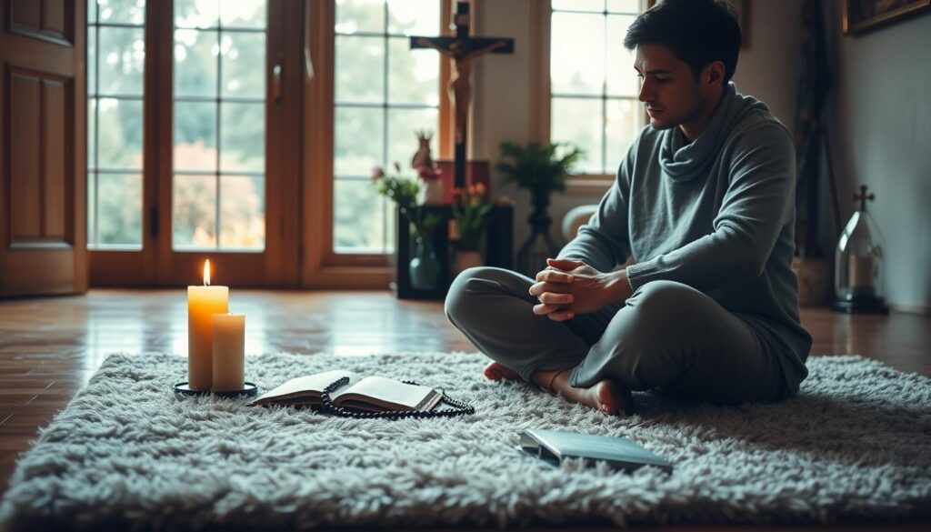 A serene study of a Catholic's daily "examination of conscience". In the foreground, a person sits cross-legged on a plush rug, hands folded in contemplation, a rosary and prayer book nearby. Soft, warm lighting from a candle casts a prayerful glow. In the middle ground, a window offers a view of a peaceful garden, symbolic of the tranquility of self-reflection. The background features religious iconography - a crucifix, a statue of the Virgin Mary - creating an atmosphere of reverence and spiritual introspection. The overall scene conveys a sense of quiet introspection, as the person engages in the practice of reviewing their day and preparing their heart for reconciliation.