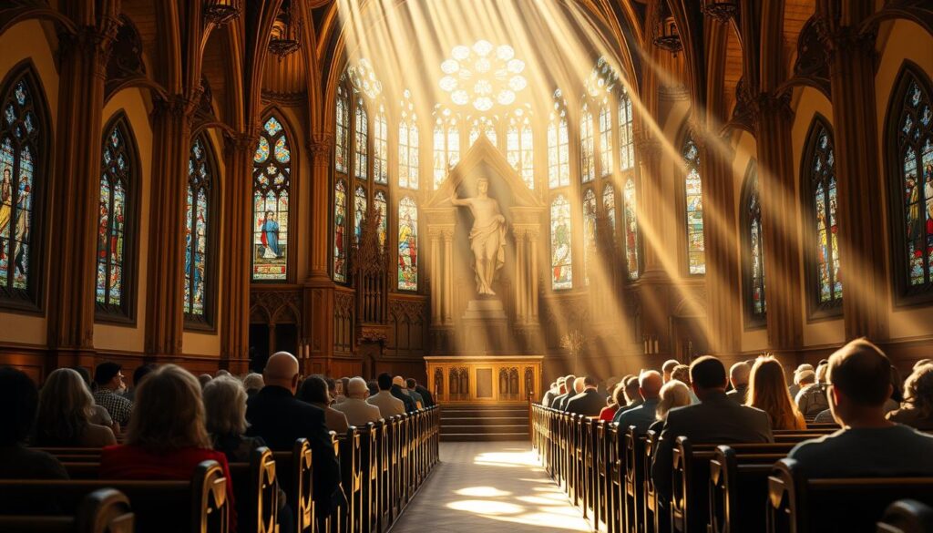 A serene, sun-dappled church interior bathed in warm, golden light. Ornate stained-glass windows cast kaleidoscopic hues across the pews, where parishioners kneel in reverent prayer. Sunbeams filter through the air, illuminating the intricate carvings and gilded accents that adorn the altar, where a statue of the resurrected Christ stands as a symbol of faith and eternal life. The atmosphere is one of tranquility and spiritual contemplation, inviting the viewer to pause and reflect on the sacred rituals and traditions of the Resurrection Catholic Church.