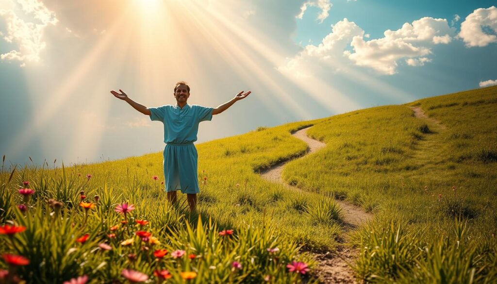 A serene, sun-dappled meadow, with lush, verdant grass and vibrant wildflowers. In the foreground, a figure representing free will stands tall, arms outstretched, their expression radiating a sense of agency and determination. Behind them, a celestial scene unfolds, with shafts of golden light streaming down from above, symbolizing divine grace. The middle ground features a winding path, inviting the viewer to contemplate the interplay between human choice and divine providence. The overall atmosphere is one of tranquility, harmony, and the profound mystery of salvation.