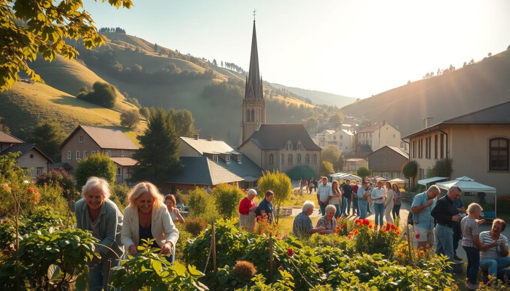 A serene, sunlit village nestled amidst rolling hills, with people of diverse backgrounds engaging in activities that promote community wellbeing. In the foreground, a group of neighbors tending to a lush community garden, their faces radiating joy and a sense of shared purpose. In the middle ground, a bustling town square where residents of all ages gather, conversing and supporting local businesses. In the background, a striking cathedral spire rises, symbolizing the spiritual foundations that underpin this thriving, inclusive society. Soft, natural lighting casts a warm, inviting glow over the scene, conveying a profound sense of harmony, compassion, and the common good.