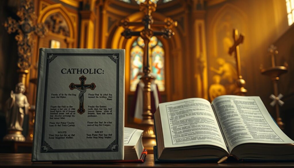 A side-by-side comparison of the Catholic and Protestant Bibles, meticulously captured against a backdrop of ornate religious iconography. The foreground features the two Bibles, their covers and pages distinctly visible, conveying the subtle differences in their canonical contents. The middle ground showcases religious symbols, such as ornate crosses and stained-glass windows, creating a sense of reverence and contemplation. The background is shrouded in a warm, golden light, evoking the timeless traditions and rich history of these divergent Christian faiths. The scene is rendered with a cinematic, high-contrast aesthetic, highlighting the weight and significance of the theological divide.