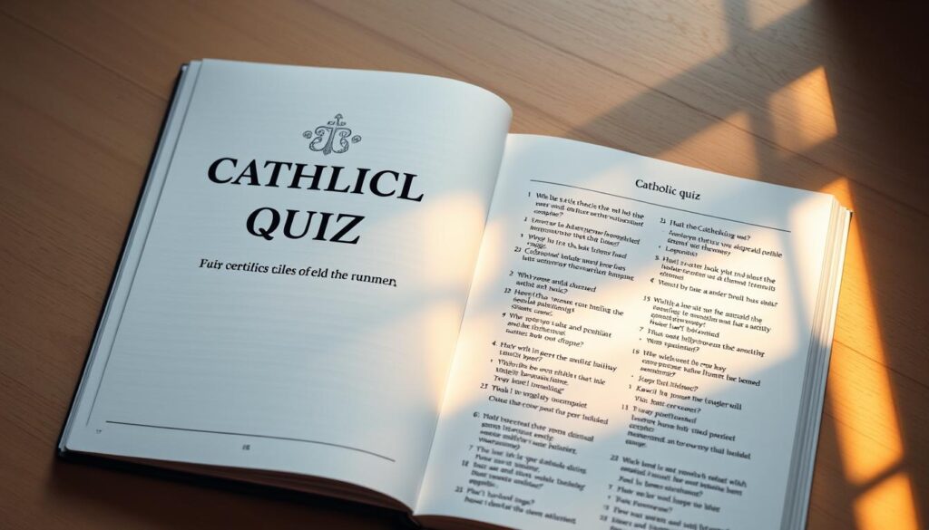 A sleek, modern PDF document featuring a striking Catholic quiz, illuminated by warm, directional lighting. The cover showcases a clean, minimalist design with subtle religious iconography. The pages inside reveal a structured layout with neatly organized questions and answers, complemented by elegant typography. The overall aesthetic conveys a sense of intellectual rigor and spiritual contemplation, inviting the viewer to engage with the content in a thoughtful, reverent manner.