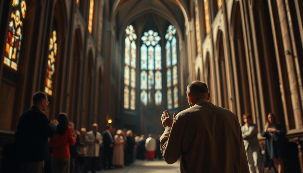 A soaring cathedral interior, stained glass windows casting warm hues. In the foreground, a figure kneeling in prayer, hands clasped, conveying profound faith and devotion. In the middle ground, a group of people gathered, some with uplifted hands, others with skeptical expressions - the contrast of intercession and superstition. The background fades into shadowy recesses, a sense of mystery and the weight of centuries-old tradition. Soft, directional lighting illuminates the scene, creating a reverent, contemplative atmosphere. The composition balances the spiritual and the worldly, inviting the viewer to ponder the nuances of Catholic belief and practice.
