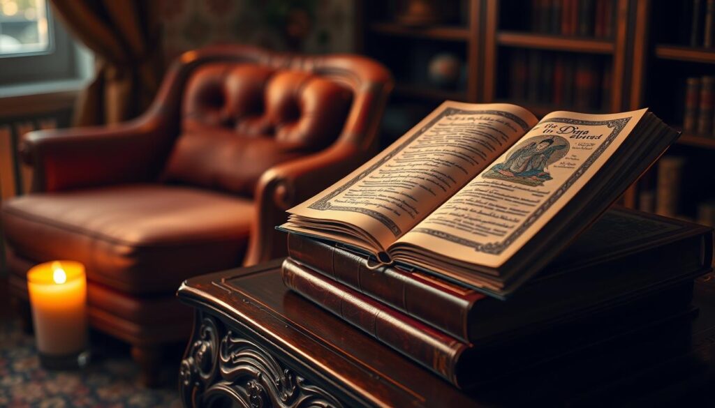 A softly lit study, with a cozy armchair and a stack of leather-bound books on a carved wooden table. Warm ambient lighting casts a peaceful glow, inviting the viewer to settle in for a moment of quiet contemplation. The pages of the topmost book are open, revealing intricate illustrations and ornate calligraphy, hinting at the spiritual wisdom within. The scene evokes a sense of tranquility and introspection, perfect for a meditative practice.