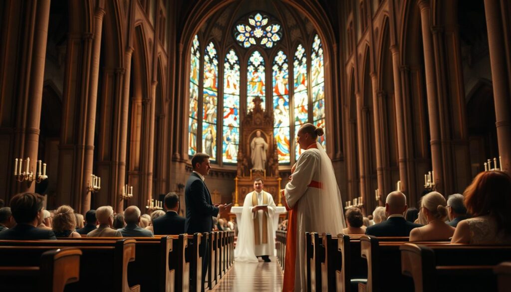 A solemn Catholic marriage ceremony takes place in a grand cathedral. In the foreground, the bride and groom stand before a robed priest, exchanging vows with reverent expressions. The couple is bathed in warm, soft lighting, capturing the sacred and intimate nature of the occasion. In the middle ground, rows of wooden pews are occupied by family and friends, their faces serene and attentive. Stained glass windows line the walls, casting a kaleidoscope of colored light that imbues the scene with a mystical, otherworldly ambiance. The towering, ornate altar stands as the focal point, symbolizing the divine presence and the gravity of the sacrament being celebrated.
