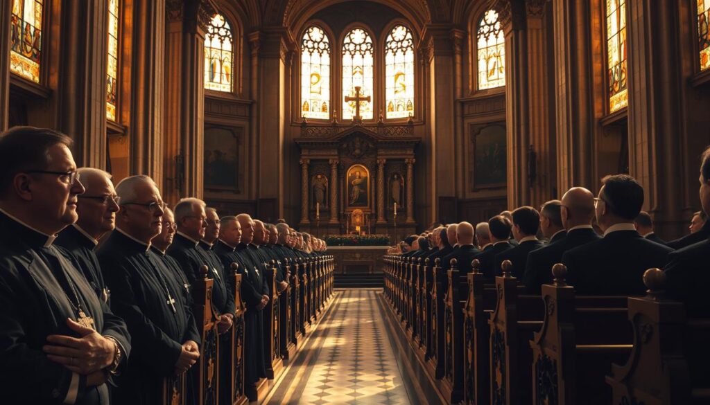 A solemn and reverent scene of the leadership of St. Peter's Church, bathed in warm golden light filtering through stained glass windows. In the foreground, a group of respected clergy members gather, their faces etched with wisdom and authority. Behind them, the grand altar stands tall, adorned with intricate carvings and religious symbols that command respect. In the middle ground, rows of ornate wooden pews stretch out, creating a sense of grand, sacred space. The background is filled with the architectural splendor of the church, its towering columns and vaulted ceilings casting dramatic shadows that convey the weight of tradition and the gravitas of the institution. An atmosphere of contemplation and devotion permeates the scene, reflecting the enduring legacy of St. Peter's influence on the Catholic Church.