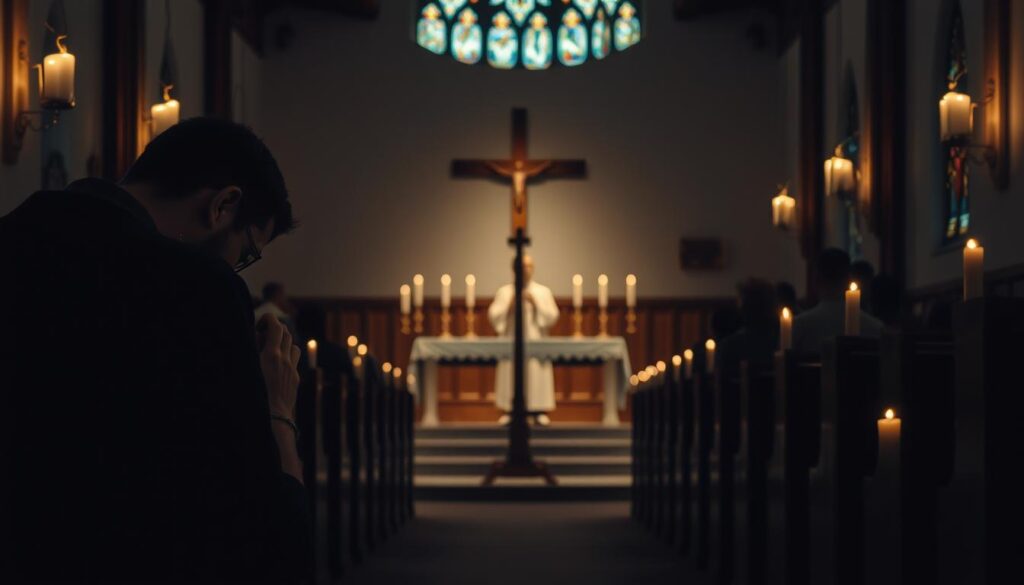 A solemn church interior, dimly lit by votive candles and stained-glass windows. In the foreground, a worshipper kneels in prayer, hands clasped, head bowed. The middle ground features a simple wooden cross, the focal point of the scene, casting a reverent shadow. In the background, a priest stands before the altar, leading a small congregation through the rituals of Ash Wednesday or Good Friday. The atmosphere is contemplative, the mood introspective, as the faithful observe the penitential practices of the Lenten season.