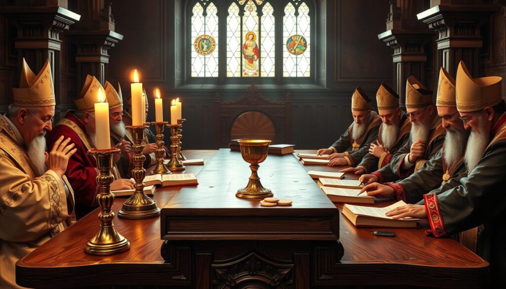 A solemn conclave of Catholic bishops and theologians, seated around a grand oak table, engaged in intense discussion. Ornate candlesticks cast a warm, reverent glow, illuminating their pensive expressions as they pore over ancient tomes and parchments. In the center, a golden chalice and communion wafers symbolize the core of their deliberations - the dogma of transubstantiation. Stained glass windows filter ethereal light, imbuing the scene with a sense of spiritual gravity. Elaborate ecclesiastical robes and architectural details evoke the grandeur of the 16th-century Council of Trent, where the Catholic Church solidified its stance on the Eucharist.