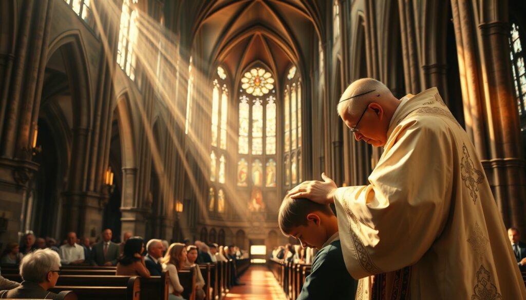 A solemn confirmation ritual unfolds within a grand cathedral. In the foreground, a bishop in ornate vestments lays his hands upon the bowed head of a young confirmand, their face serene with reverence. Streams of warm, golden light filter through stained glass windows, casting a reverential glow upon the scene. In the middle ground, rows of pews hold families and congregants, their expressions reflecting the gravity of the sacrament. The background is dominated by the cathedral's towering architecture, with intricate stone arches and columns reaching skyward, creating a sense of the divine. An atmosphere of solemnity, tradition, and the guiding presence of the Holy Spirit pervades the space.