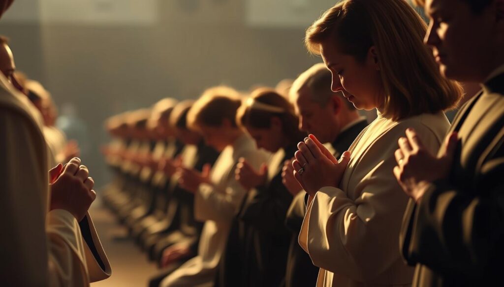 A solemn congregation of Catholic worshippers kneeling in reverence, their heads bowed in prayer. The scene is bathed in soft, warm lighting, casting a gentle glow on the devout faces and elegant folds of their robes. The foreground is a detailed close-up of hands clasped in devotion, while the middle ground showcases the orderly rows of kneeling figures, their silhouettes creating a mesmerizing pattern. The background blurs into a hazy, atmospheric setting, hinting at the grandeur of the sacred space. The overall mood is one of deep solemnity, evoking the timeless tradition of Catholic Mass.