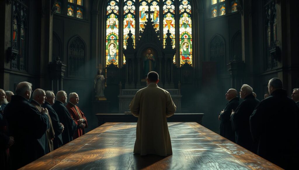 A solemn, dimly lit church interior, with sunlight filtering through stained glass windows. In the foreground, a panel of robed clergymen sit at a long wooden table, engaged in a serious discussion. Behind them, an ornate altar and religious iconography lend an air of gravitas to the proceedings. In the middle ground, a petitioner stands before the tribunal, their expression a mix of apprehension and reverence. The background is hazy, the focus drawn to the central drama unfolding. A sense of reverence and formality permeates the scene, reflecting the gravity of the church's tribunal process.