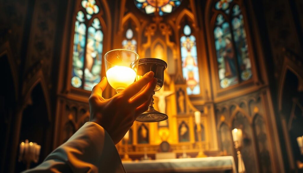 A solemn, ethereal scene depicting the Catholic sacrament of transubstantiation. In the foreground, a priest's hands hold aloft a glowing, golden chalice, the Eucharistic substance within radiating an otherworldly luminescence. Soft, warm lighting casts a heavenly glow, as if illuminated by divine grace. In the background, an ornate, Gothic-style altar adorned with intricate carvings and stained glass windows, symbolizing the sacred ritual taking place. The atmosphere is one of reverence and mysticism, capturing the profound spiritual transformation at the heart of Catholic doctrine.