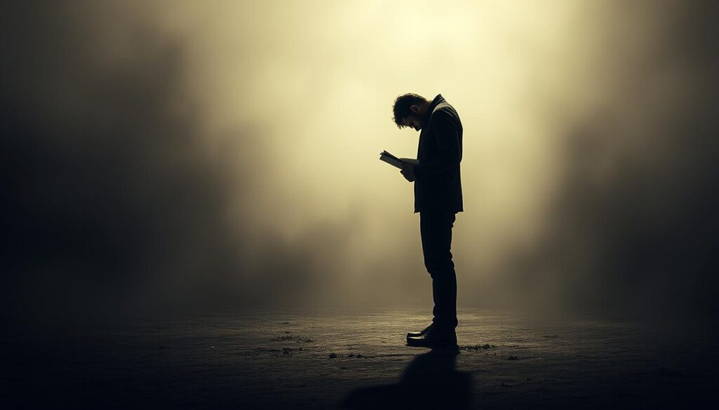 A solemn figure stands in the foreground, casting a long shadow on the ground. They hold a stack of documents, their head bowed in shame. The background is hazy, with a sense of unease and distrust pervading the scene. Muted tones of gray and sepia create a somber atmosphere, emphasizing the gravity of the act of false witness. The lighting is dramatic, casting deep shadows and highlights that accentuate the tension and moral conflict. The composition is balanced, with the central figure occupying a prominent position, conveying the weight and significance of their actions.