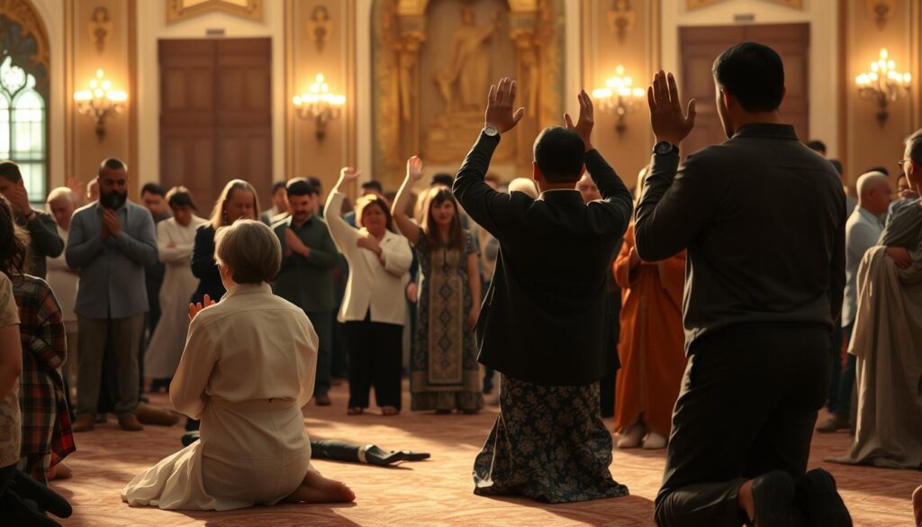 A solemn gathering of individuals in diverse worship postures - some kneeling reverently, others standing with hands raised in adoration. The scene is bathed in warm, soft lighting, creating an atmosphere of profound contemplation. In the background, ornate architectural elements suggest a sacred space, while the middle ground features a mix of traditional and contemporary attire, hinting at the cultural diversity of the participants. The overall composition conveys a sense of thoughtful discourse and respectful exchange of perspectives on the significance and appropriateness of various worship postures.