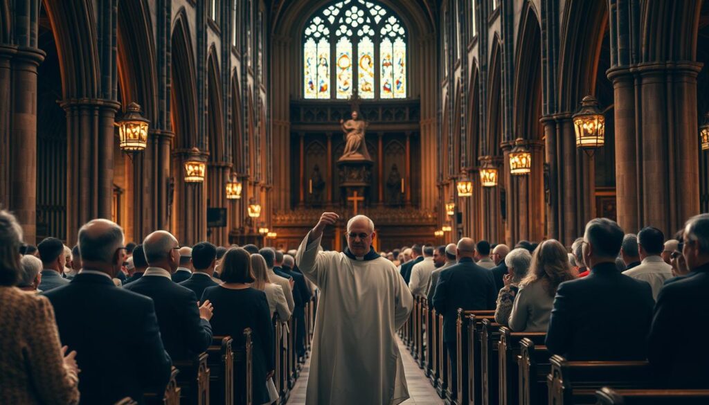 A solemn procession of worshippers, their foreheads marked with the sign of the cross in ash, slowly enters a grand, gothic cathedral. Stained glass windows cast a warm, amber glow, illuminating the vaulted ceilings and ornate altars. In the middle ground, a priest sprinkles ashes on the faithful, reminding them of their mortality. In the background, rows of wooden pews stand ready to receive the congregation, their kneelers worn smooth by generations of penitents. The atmosphere is one of contemplation and reverence, as the faithful prepare their hearts for the Lenten season ahead.