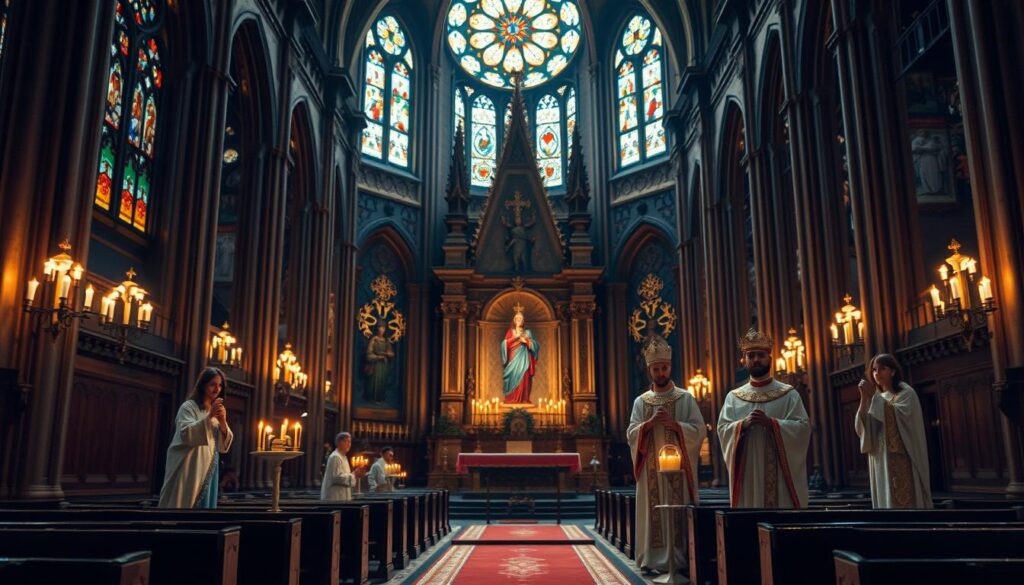 A solemn, reverent scene depicting the seven sacraments of the Catholic Church. In the foreground, a striking representation of the seven sacraments - baptism, confirmation, Eucharist, penance, anointing of the sick, holy orders, and matrimony - each rendered with careful attention to symbolic details. The middle ground features a grand, ornate cathedral interior, bathed in warm, soft lighting that imbues the scene with a sense of timeless spirituality. In the background, stained-glass windows cast kaleidoscopic patterns of color, adding depth and mystique to the overall composition. The overall mood is one of reverence, devotion, and the profound significance of these sacred rites that guide the faithful through life, faith, and love.