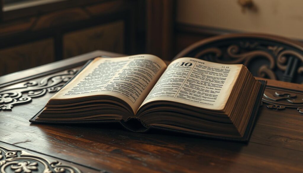 A solemn, reverent scene of ancient New Testament scriptures resting on an ornate, weathered wooden table. Soft, warm lighting casts a gentle glow, evoking a sense of timeless wisdom and spiritual contemplation. Intricate, aged parchment pages with elegant calligraphic script are framed by intricate leather bindings, hinting at the profound theological truths contained within. A sense of quiet, meditative stillness pervades the composition, as if the viewer has been granted a moment of intimate access to these hallowed texts that have shaped the beliefs of countless faithful over the centuries.