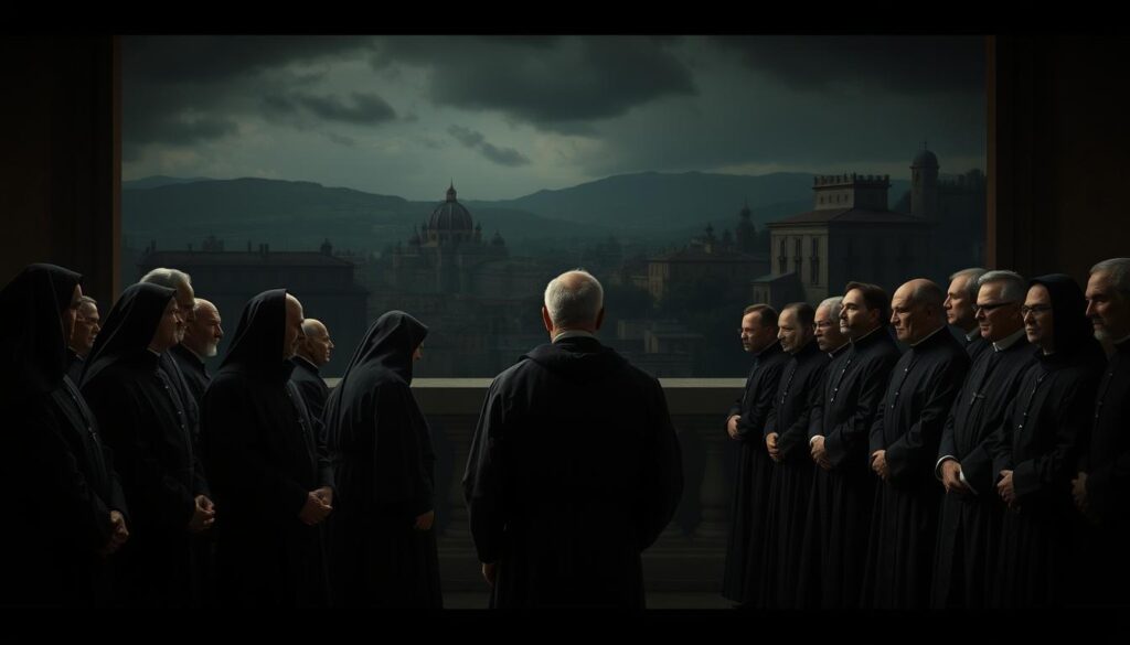 A somber and brooding scene depicting the historical suppression of the Jesuit order. In the foreground, a group of robed Jesuit priests stand solemnly, heads bowed, as they face a row of stern-faced officials representing the Church or state authorities. Shadows and dim lighting cast an air of foreboding, while in the background, buildings and landscapes evoke a sense of the tumultuous times, hinting at the upheaval and turmoil surrounding the Jesuits' downfall. The overall atmosphere conveys the weight of this significant moment in the order's history, capturing the gravity and controversy that marked this chapter.