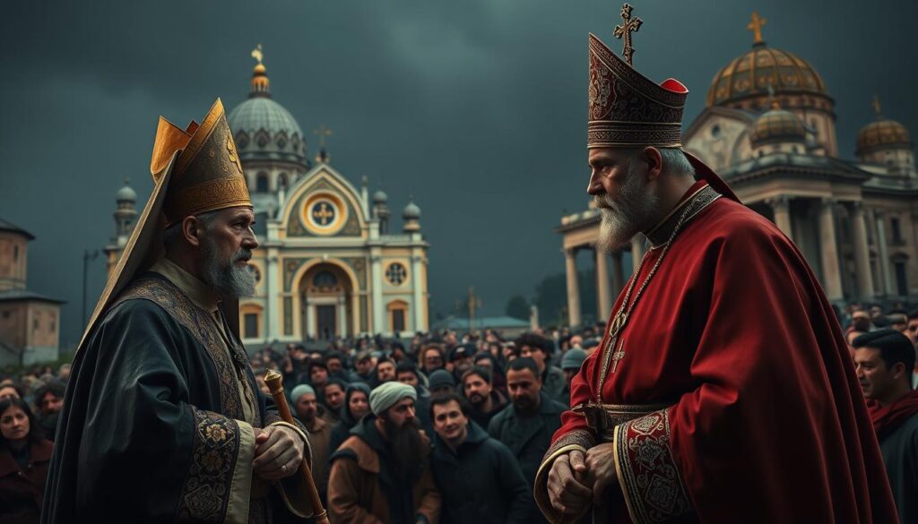 A somber, historical scene depicting the Great Schism of 1054 CE, the momentous split between the Eastern Orthodox and Roman Catholic churches. In the foreground, two prominent bishops, one dressed in Eastern Orthodox vestments and the other in Catholic regalia, stand in tense confrontation, their expressions conveying the gravity of the moment. The middle ground is filled with a crowd of onlookers, their faces etched with concern and uncertainty. In the background, the imposing facades of a Byzantine cathedral and a Roman basilica loom, symbolizing the divide between the two Christian traditions. The scene is bathed in a dim, moody lighting, creating a sense of solemnity and the weight of history.