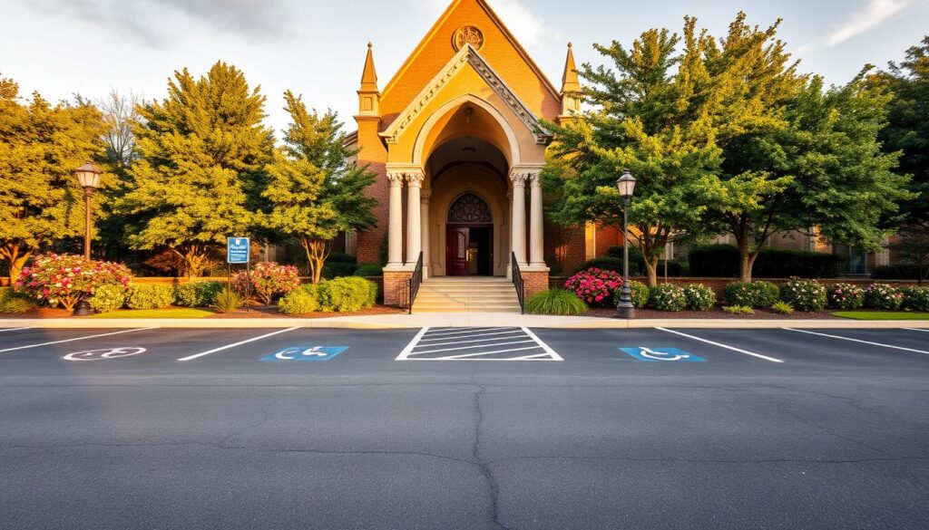 A spacious parking lot with clearly marked accessible spaces near the entrance of a stately Catholic church. The lot is well-lit, with smooth asphalt and neatly painted lines. A gently sloping ramp leads to a covered portico, its ornate columns and arched entryway welcoming visitors. Lush greenery and blooming flowers surround the venue, creating a serene, park-like atmosphere. The church's façade is adorned with intricate architectural details, conveying a sense of timeless beauty and spiritual significance. Warm, golden lighting illuminates the scene, evoking a feeling of tranquility and reverence.