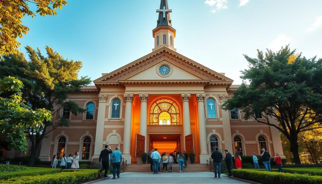 A sprawling community ministries church set against a backdrop of lush greenery and a clear blue sky. The grand facade features intricate architecture, with ornate columns and a towering steeple adorned with a glimmering cross. The warm, inviting entrance is flanked by people of all ages entering the building, representing the diverse community it serves. Through the open doors, a glimpse of the vibrant interior can be seen, with sunlight streaming through stained glass windows, illuminating the pews and altar within. An atmosphere of spiritual sanctuary and communal fellowship permeates the scene, reflecting the church's role as a hub for families, students, and adults to gather, worship, and engage in meaningful ministries.